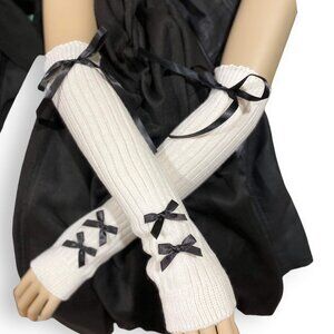 White Rib Knit Black Ribbon Arm Warmer Fingerless Gloves - NEW